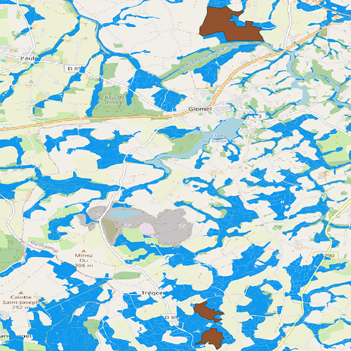 carte figurative en couleur de la zone Glomel avec des zones humides marquées en bleus et les zones 'parc nature' en marron, la mine à ciel ouvert en gris